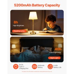 Johdoton pöytävalaisin kangasvarjostin elektrolyyttikäsitelty metallirunko 5200mAh 2 kpl kulta