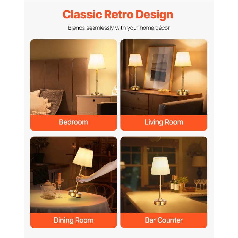 Johdoton pöytävalaisin kangasvarjostin elektrolyyttikäsitelty metallirunko 5200mAh 2 kpl kulta