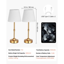 Johdoton pöytävalaisin kangasvarjostin elektrolyyttikäsitelty metallirunko 5200mAh 2 kpl kulta