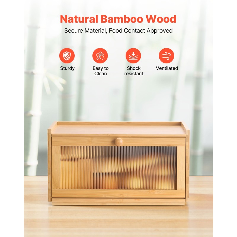 Leipälaatikko bambupuusta 400x250x220 mm yksikerroksinen pinottava luonnonsävyinen aaltokuvioitu akryyliovi magneettikansi