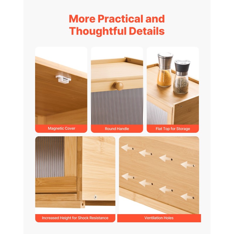 Leipälaatikko bambupuusta 400x250x220 mm yksikerroksinen pinottava luonnonsävyinen aaltokuvioitu akryyliovi magneettikansi