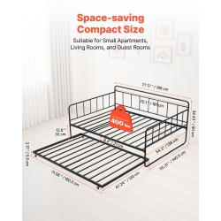 Metallinen monikäyttöinen ulosvedettävä päivävuode täysikokoinen musta