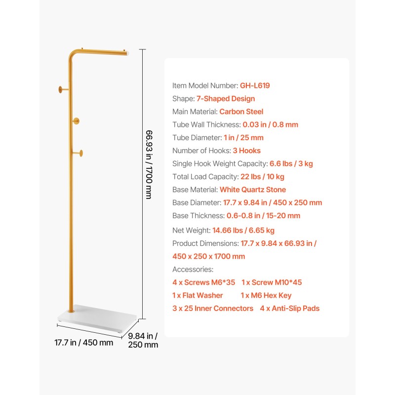 Vapaasti seisova vaateteline hiiliteräsrunko kvartsikivijalusta 3 koukkua 170 cm