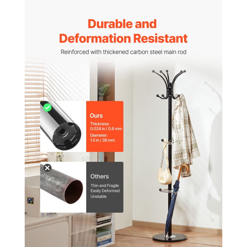 Naulakko hiiliteräsrunko musta marmorijalusta 14 koukkua sateenvarjotelineellä eteiseen