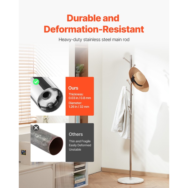 Vapaasti seisova naulakko ruostumaton teräsrunko valkoinen marmorialusta 8 porrastettua koukkua 173 cm