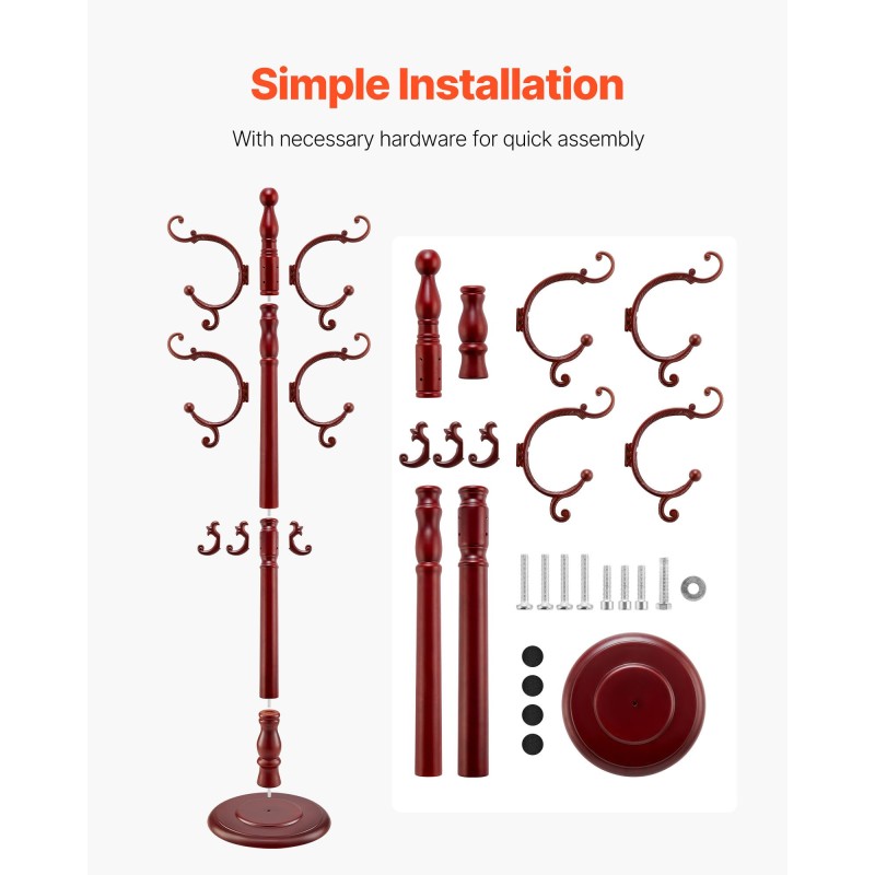 Vapaasti seisova koivupuinen naulakko 11 koukkua 176 cm painotetulla puupohjalla