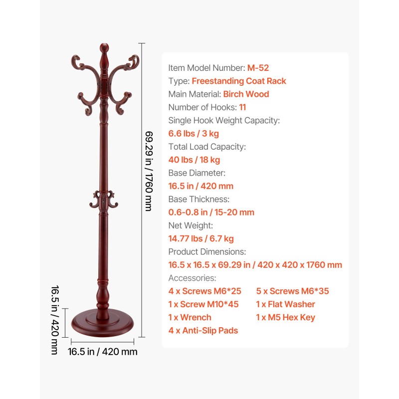 Vapaasti seisova koivupuinen naulakko 11 koukkua 176 cm painotetulla puupohjalla