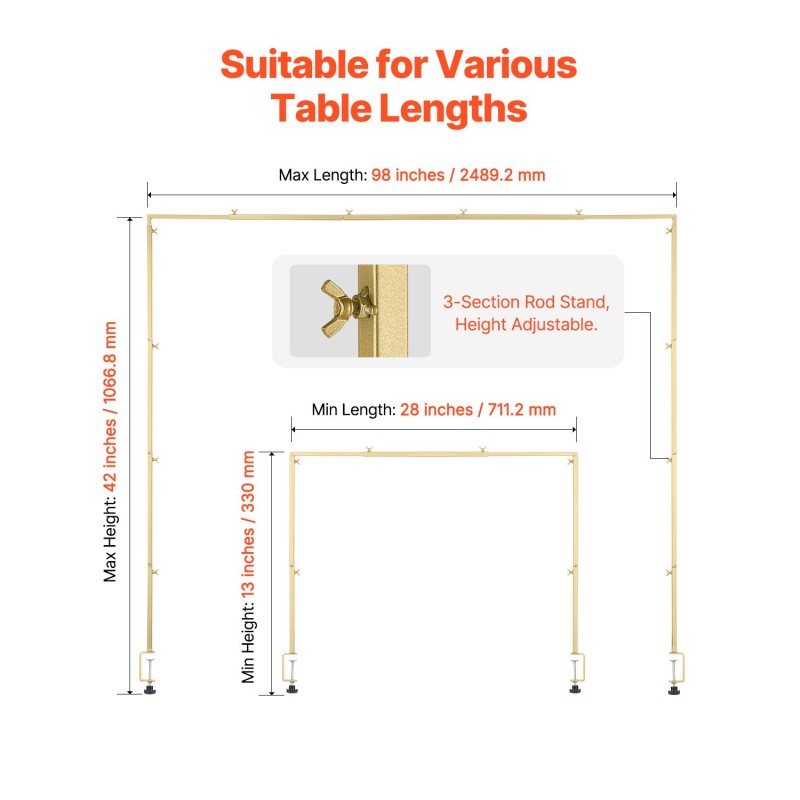Teräksinen säädettävä pöytäteline puristimella juhlakoristeluun kullanvärinen