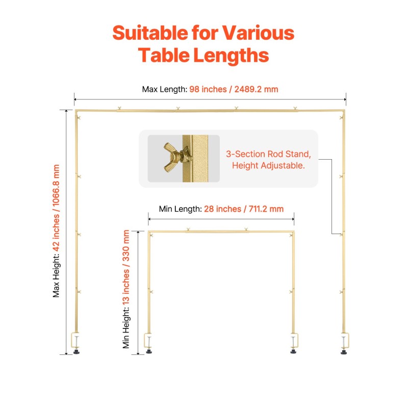 Teräksinen pöydän päälle kiinnitettävä tankoteline puristimilla säädettävä 711–2489 mm kantavuus 4,5–9,1 kg