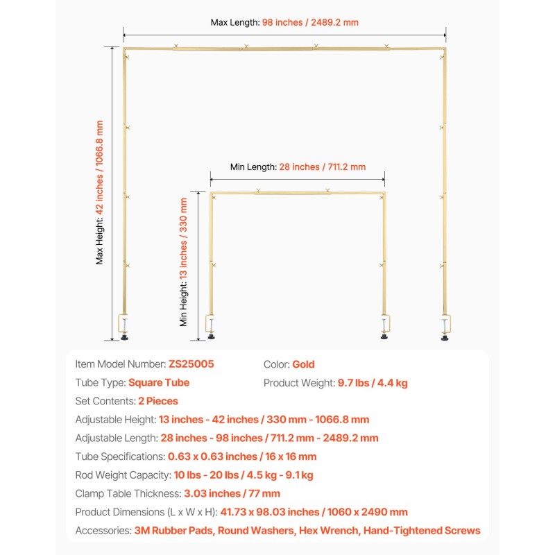 Teräksinen pöydän päälle kiinnitettävä tankoteline puristimilla säädettävä 711–2489 mm kantavuus 4,5–9,1 kg