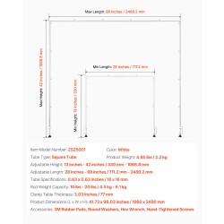 Pöytäkaariteline teräksinen säädettävä valkoinen 711–2489 mm juhlakoristeille