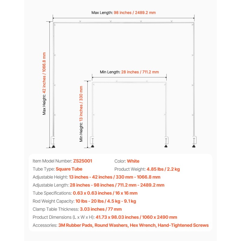 Pöytäkaariteline teräksinen säädettävä valkoinen 711–2489 mm juhlakoristeille
