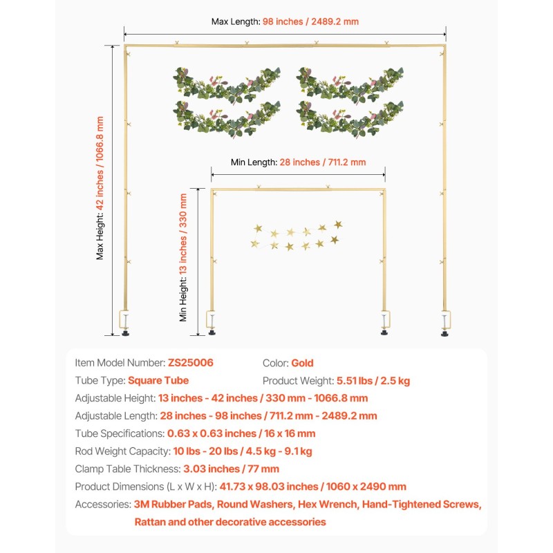 Pöytäkaariteline teräs neliöputki säädettävä pituus 71–249 cm korkeus 33–106 cm puristimilla
