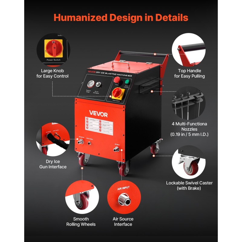 Kuiva jääpuhalluskone 5 kg säiliöllä liikuteltava neljällä suuttimella