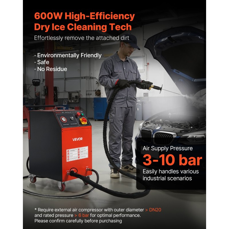 Kuivajääpuhalluskone pyörillä liikuteltava 7,5 kg kapasiteetti 0–3,2 kg/min syöttö 4 vaihdettavaa suutinta