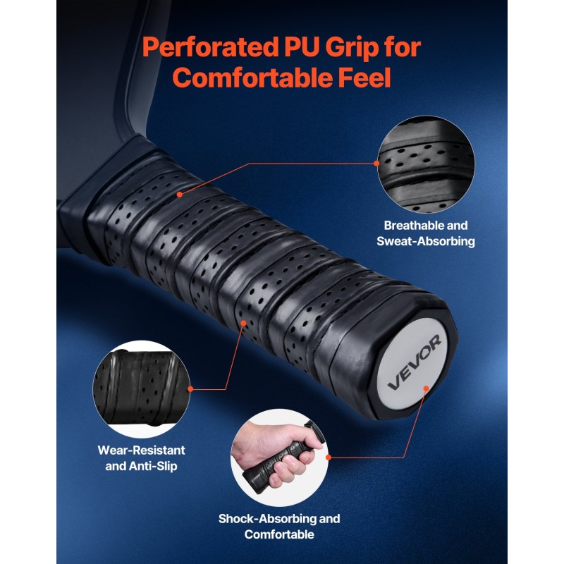 Pickleball-maila T700-hiilikuitupinta PP-hunajakennoinen ydin PU-kahva leveä lapa