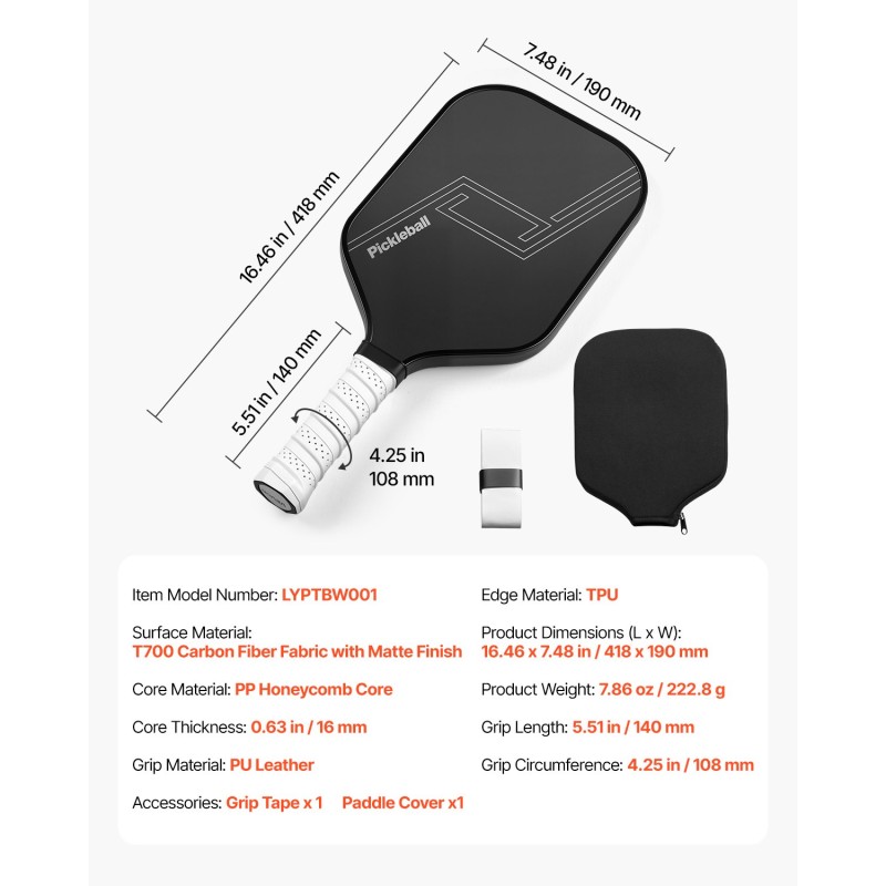 Pickleball-maila T700-hiilikuitupinnalla PP-hunajakennoytimellä PU-nahkakahvalla TPU-reunussuojalla sisä- ja ulkokentille
