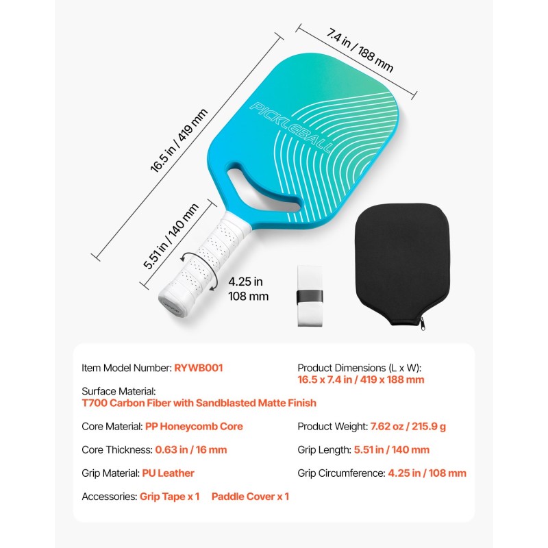 Pickleball-maila T700-hiilikuitupinnalla PP-kennorunko termomuovattu rakenne PU-grippi sisä- ja ulkokäyttöön