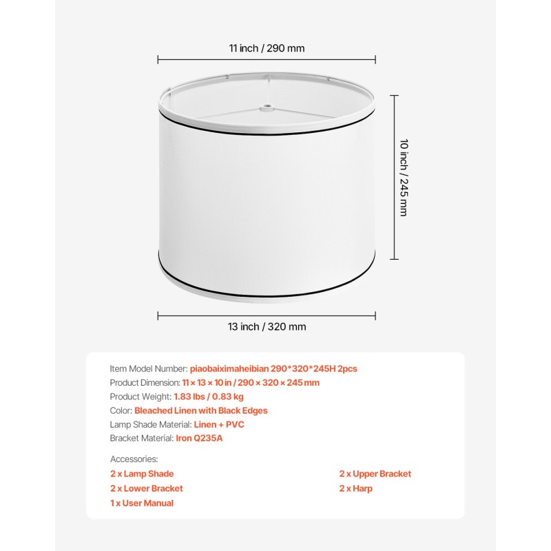 Pellavavarjostinsetti 2 kpl valkaistua pellavaa ja muovia mustareunaiset 290×320×245 mm