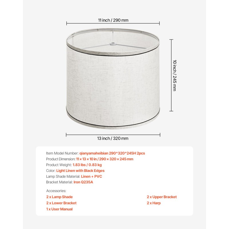 Pellavavarjostin 2 kpl 290×320×245 mm vaalea pellava musta reunus E27-sopiva