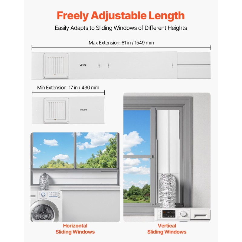 Kuivausrummun 4 tuuman poistoputken ikkunasarja liukuikkunoihin PVC ja PP säädettävä 430–1549 mm