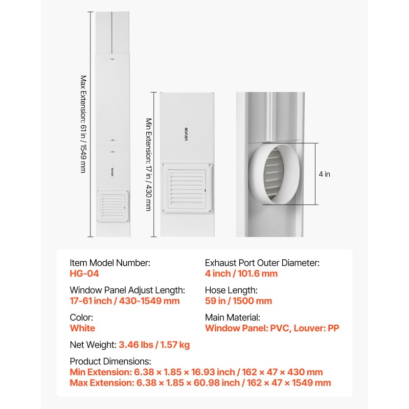 Kuivausrummun 4 tuuman poistoputken ikkunasarja liukuikkunoihin PVC ja PP säädettävä 430–1549 mm