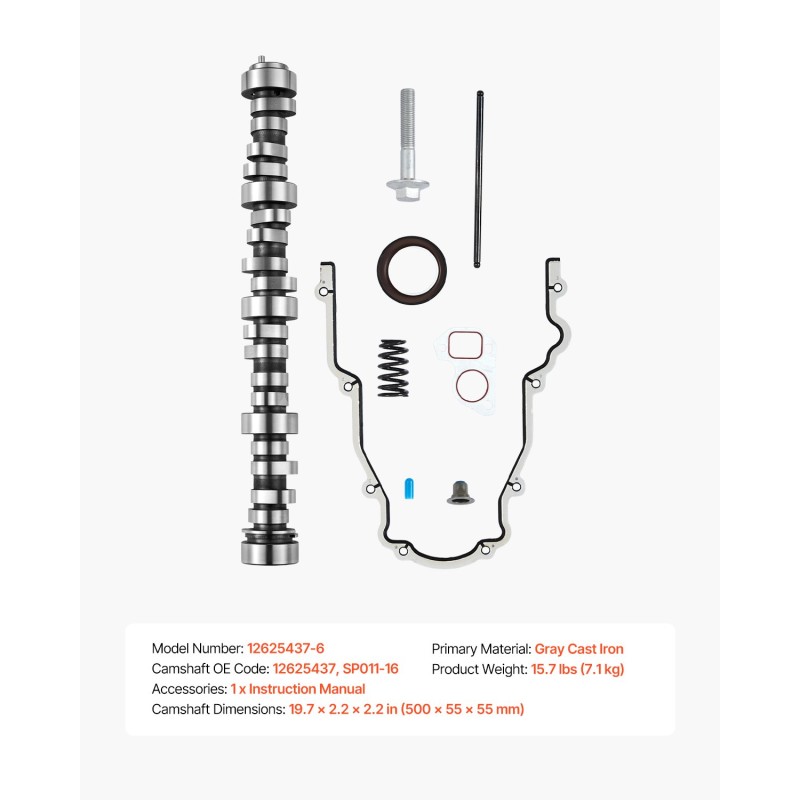 9-osainen nokka-akseli ja työntötankosarja harmaasta valuraudasta 1999–2013 GM Gen3/4 lava-autoihin LS 4.8–6.2L