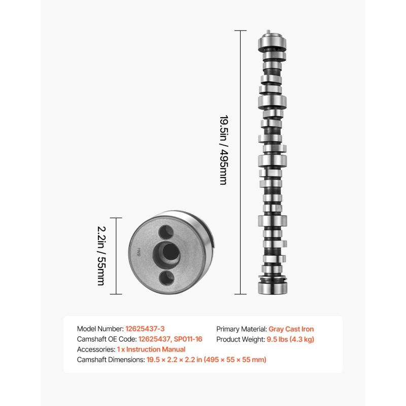 Nokka-akseli harmaasta valuraudasta 495 x 55 x 55 mm LS-moottoreihin