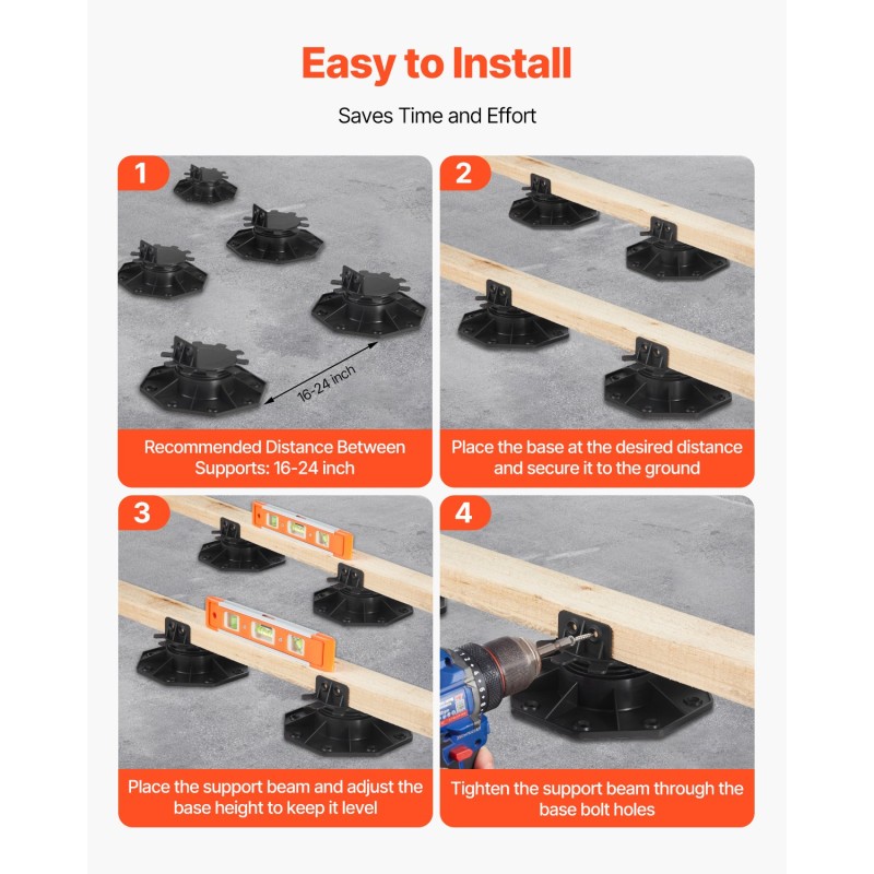 Raskaan käytön terassijalkasarja PP-muovi säädettävä 30–60 mm 12 kpl musta