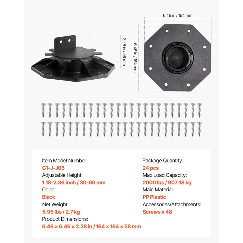 Terassijalkatuki PP-muovinen säädettävä 30–60 mm 24 kpl 907 kg ulkokäyttöön