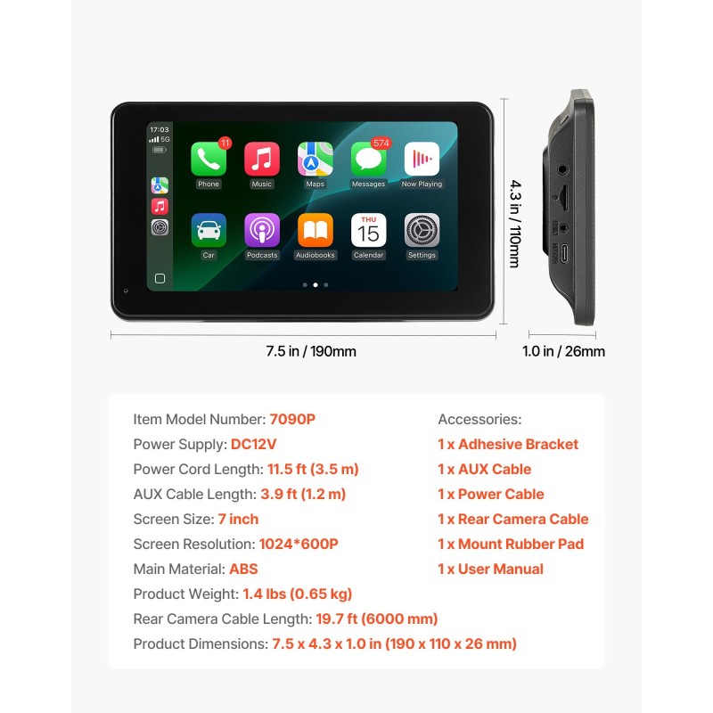 Autoradio 7-tuumainen kosketusnäyttöinen langaton CarPlay Android Auto peruutuskamera 12V-yhteensopiva