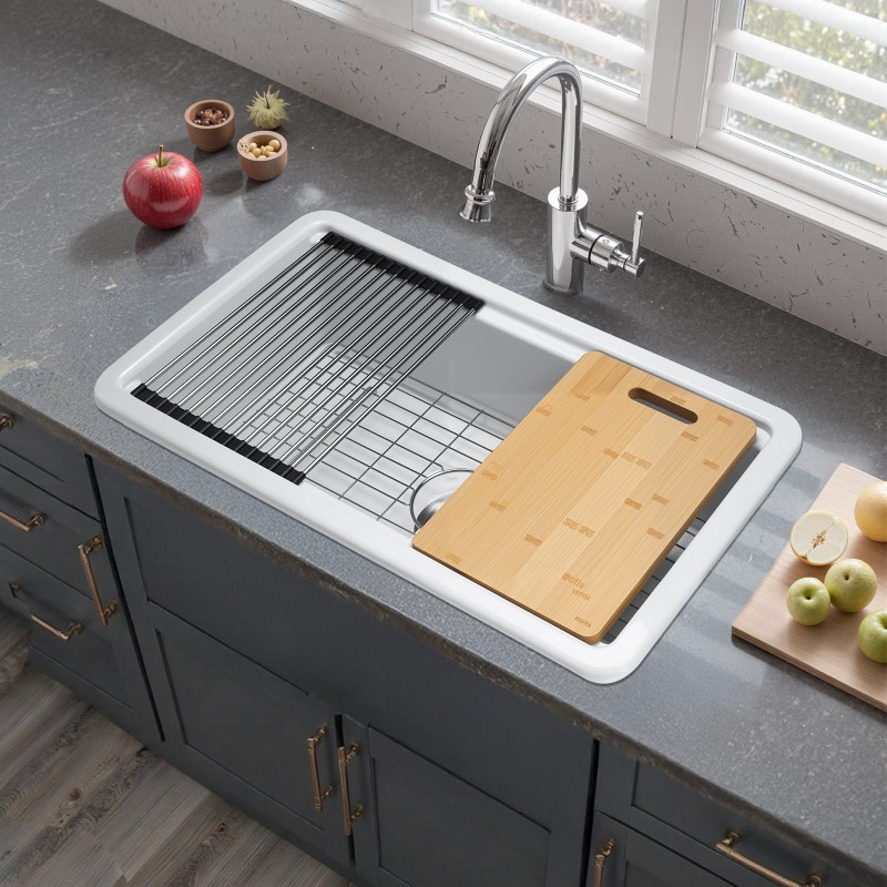 Keittiöallas tulenkestävästä savesta 84 cm syvä maatilatyylinen valkoinen kaksinkertainen lasitepinta