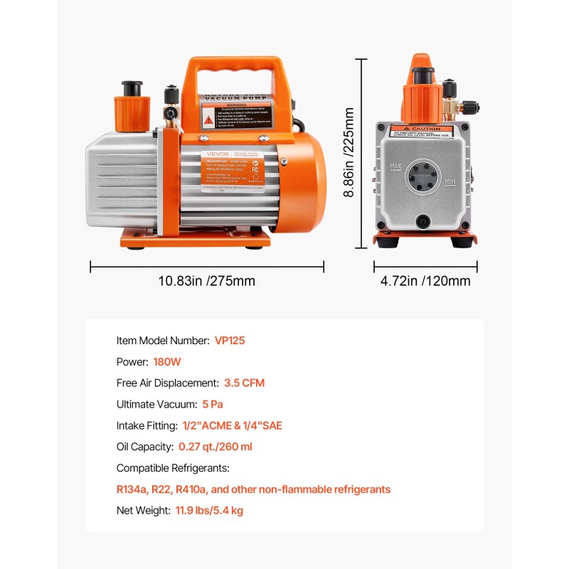 Yksivaiheinen pyörivä lamellityhjiöpumppu 100 l/min 180 W ilmastointihuoltoon VP125
