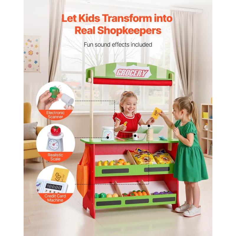 Kaksipuolinen MDF-leikkikauppa kauppakoju ja nukketeatteri yli 3-vuotiaille 69,5×33,5×102,8 cm