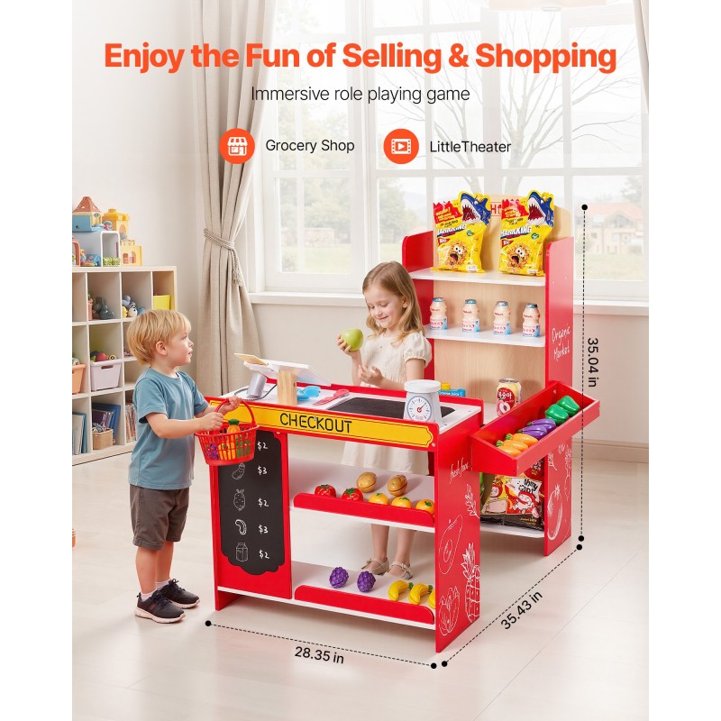 Puinen ruokakauppaleikkisetti MDF-puulevystä noin 3-vuotiaille liikkuvalla kuljetinhihnalla