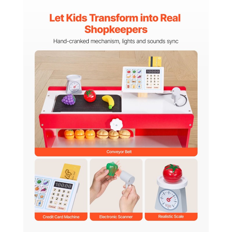 Puinen ruokakauppaleikkisetti MDF-puulevystä noin 3-vuotiaille liikkuvalla kuljetinhihnalla