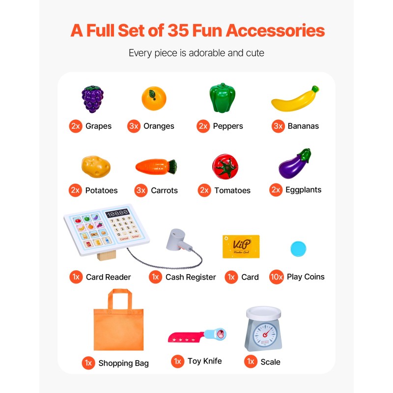 Puinen ruokakauppaleikkisetti MDF-puulevystä noin 3-vuotiaille liikkuvalla kuljetinhihnalla