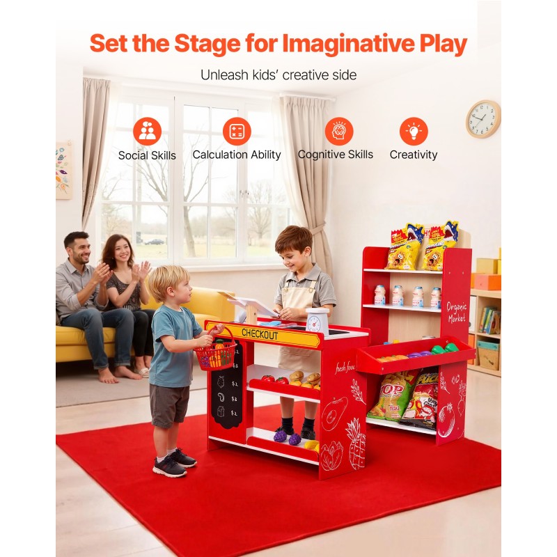 Puinen ruokakauppaleikkisetti MDF-puulevystä noin 3-vuotiaille liikkuvalla kuljetinhihnalla