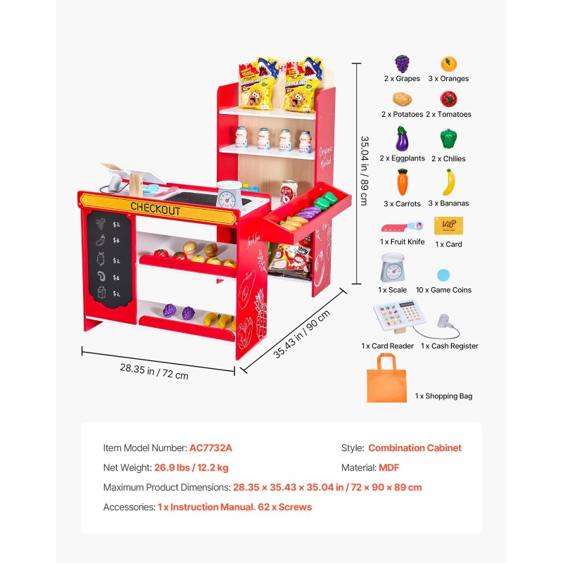Puinen ruokakauppaleikkisetti MDF-puulevystä noin 3-vuotiaille liikkuvalla kuljetinhihnalla