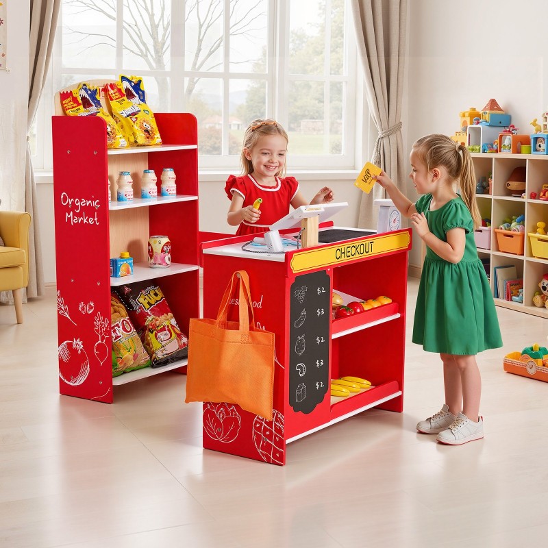 Puinen ruokakauppaleikkisetti MDF-puulevystä noin 3-vuotiaille liikkuvalla kuljetinhihnalla