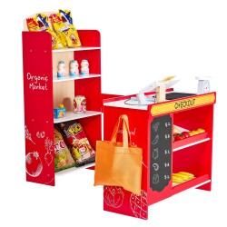 Puinen ruokakauppaleikkisetti MDF-puulevystä noin 3-vuotiaille liikkuvalla kuljetinhihnalla