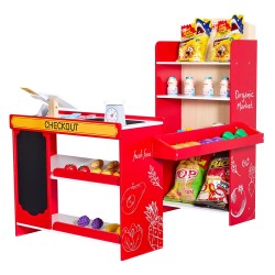 Puinen ruokakauppaleikkisetti MDF-puulevystä noin 3-vuotiaille liikkuvalla kuljetinhihnalla