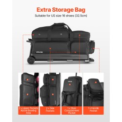 Keilapallolaukku 3 pallolle 600D Oxford-kangas PVC-pinnoite pyörällinen teleskooppikahva kenkäosasto kokoon US16 asti