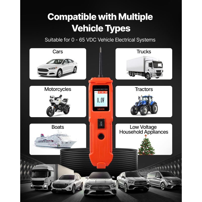 Ajoneuvojen virtapiirintesteri värinäyttö 4 testitilaa muovikuori fosforipronssinen kärki 4 metrin johto