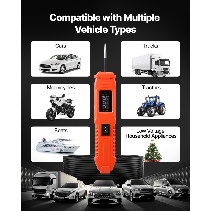 Ajoneuvojen piirientesteri ABS-kuorinen 6–36 V DC 4 m kaapelilla LED-näytöllä