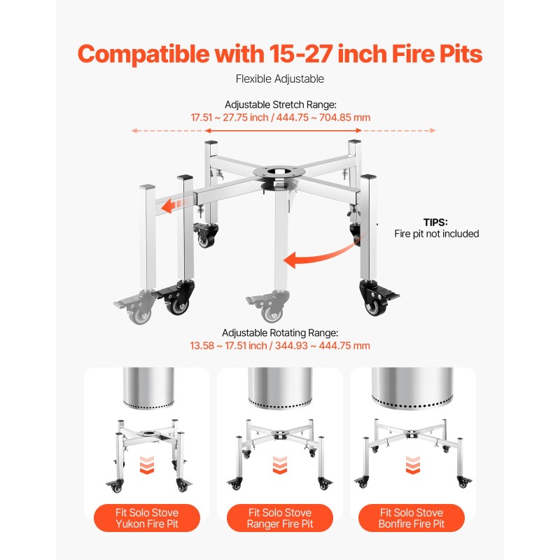 Säädettävä tulisijan jalusta 430-ruostumattomasta teräksestä 38–68,6 cm pyörillä