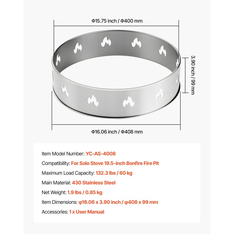 Tulisijan jalusta 430-ruostumattomasta teräksestä yhteensopiva 19,5 tuuman tulisijan kanssa