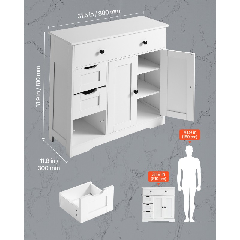 Lattialla seisova kylpyhuonekaappi MDF-levy valkoinen nelitasoinen kaksi ovea ja neljä laatikkoa