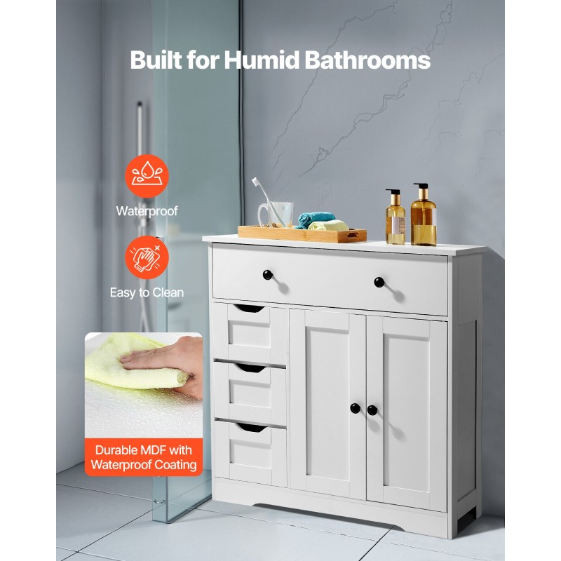 Lattialla seisova kylpyhuonekaappi MDF-levy valkoinen nelitasoinen kaksi ovea ja neljä laatikkoa