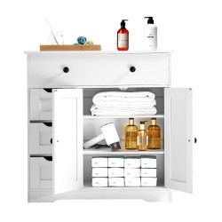 Lattialla seisova kylpyhuonekaappi MDF-levy valkoinen nelitasoinen kaksi ovea ja neljä laatikkoa